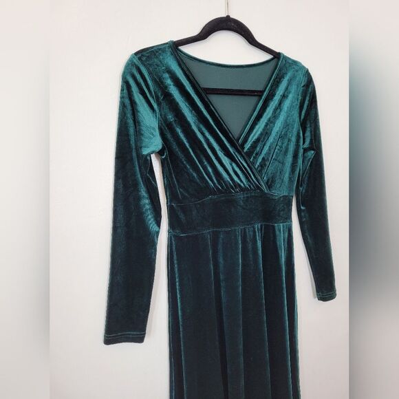 Emerald Green Velvet Maxi Dress Empire Waist Babydoll Regency Renfaire Small - Picture 7 of 9